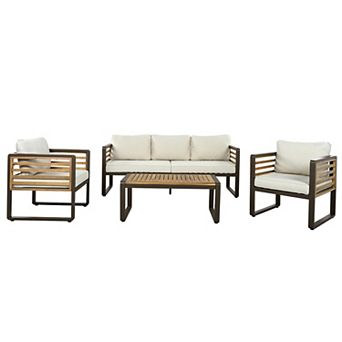 Merax 4 pc Outdoor Patio Conversation Set for 5 Person, Brown Metal & Wood Frame Sofa