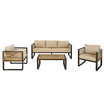 Merax 4 pc Outdoor Patio Conversation Set for 5 Person, Brown Metal & Wood Frame Sofa
