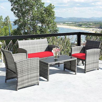 Costway 4PCS Patio Rattan Furniture Set Conversation Glass Table Top Cushioned Sofa