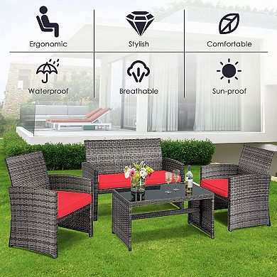 Costway 4PCS Patio Rattan Furniture Set Conversation Glass Table Top Cushioned Sofa