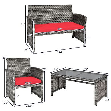 Costway 4PCS Patio Rattan Furniture Set Conversation Glass Table Top Cushioned Sofa