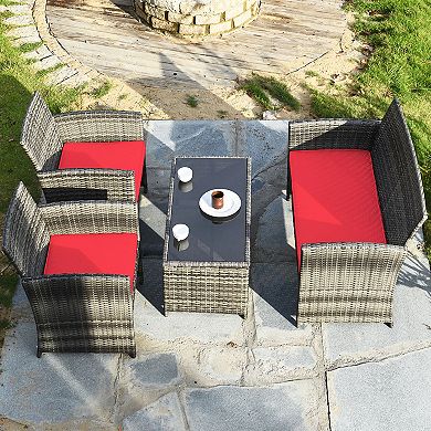 Costway 4PCS Patio Rattan Furniture Set Conversation Glass Table Top Cushioned Sofa