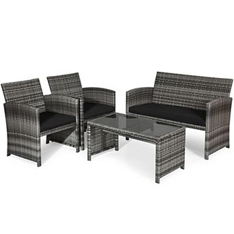 Costway 4 pc Patio Rattan Furniture Set Conversation Glass Table Top Cushioned Sofa