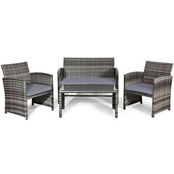 Costway 4 pc Patio Rattan Furniture Set Conversation Glass Table Top Cushioned Sofa