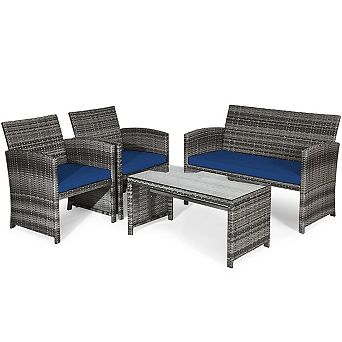 Costway 4 pc Patio Rattan Furniture Set Conversation Glass Table Top Cushioned Sofa