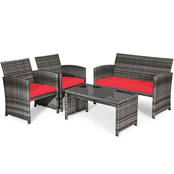 Costway 4 pc Patio Rattan Furniture Set Conversation Glass Table Top Cushioned Sofa