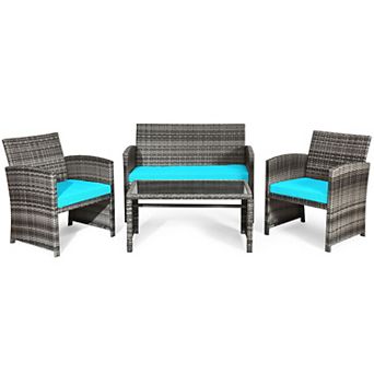 Costway 4 pc Patio Rattan Furniture Set Conversation Glass Table Top Cushioned Sofa