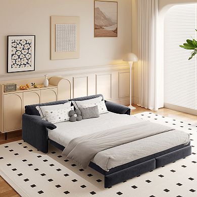 Merax Convertible Velvet Sleeper Sofa Bed, Queen Size Pull Out Sofa with Side Storage & Wheels