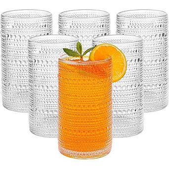 Great Ambitions Set of 6 Vintage Hobnail Glasses, 16oz Clear Highball Glasses for Cocktails, Juice