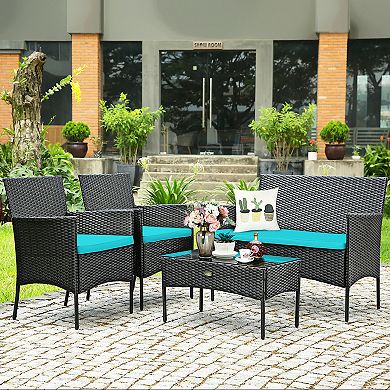 Costway 4 PCS Patio Rattan Furniture Set Cushioned Sofa Coffee Table Backyard Porch