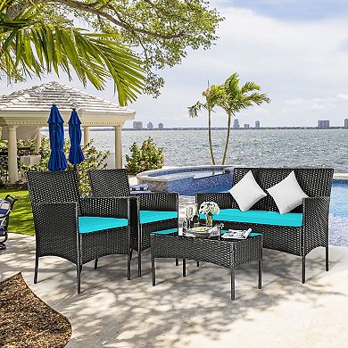 Costway 4 PCS Patio Rattan Furniture Set Cushioned Sofa Coffee Table Backyard Porch