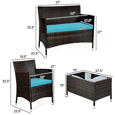 Costway 4 PCS Patio Rattan Furniture Set Cushioned Sofa Coffee Table Backyard Porch