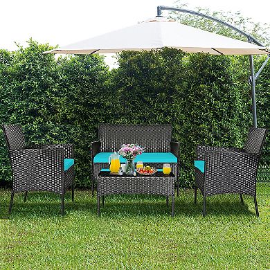 Costway 4 PCS Patio Rattan Furniture Set Cushioned Sofa Coffee Table Backyard Porch