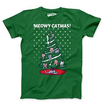Mens Meowy Christmas Funny Cat Dad Ugly Sweater T shirt Adult Humor Sarcastic