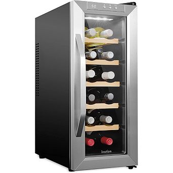 Ivation 12 Bottle Thermoelectric Wine Cooler with Digital Temp Control and Smoked Glass Door Fridge