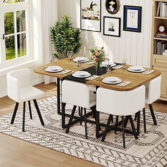 Loheer Modern 7 pc Dining Set for 6 with Black and Wood Grain Table and Faux Leather Chairs