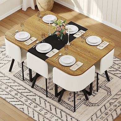 Loheer Modern 7 Piece Dining Set for 6 with Black and Wood Grain Table and Faux Leather Chairs