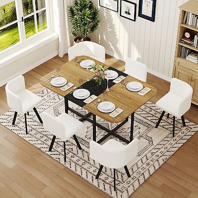 Loheer Modern 7 Piece Dining Set for 6 with Black and Wood Grain Table and Faux Leather Chairs
