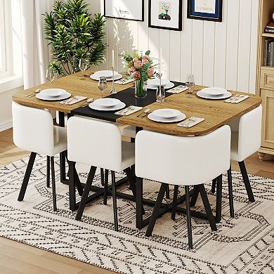 Loheer Modern 7 Piece Dining Set for 6 with Black and Wood Grain Table and Faux Leather Chairs