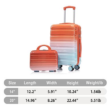 KWPZQEB 14" 20" PC Spinner Wheel Carry on Suitcase Set with Combination Lock, Gradient Color, 2pcs