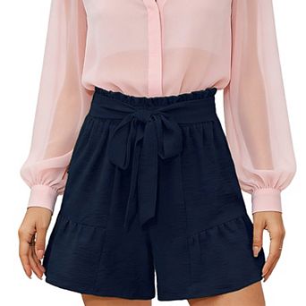 Women's Shorts with Belt - Ruffled High Waisted Elastic A-Line Casual Summer Shorts