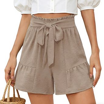 Women's Shorts with Belt - Ruffled High Waisted Elastic A-Line Casual Summer Shorts