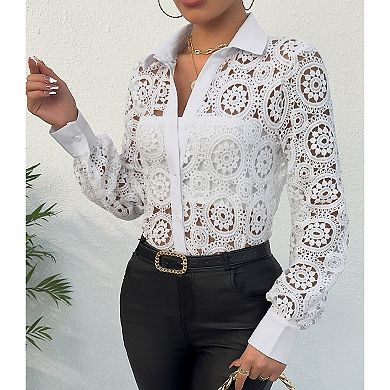 Women's Hollow Out Crochet Summer Lace Jacket Casual Button Down Long Sleeve Shirt Collared Blouse
