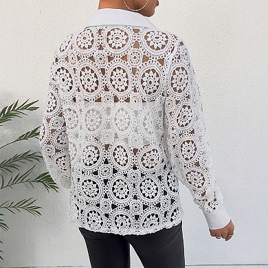 Women's Hollow Out Crochet Summer Lace Jacket Casual Button Down Long Sleeve Shirt Collared Blouse