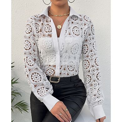 Women's Hollow Out Crochet Summer Lace Jacket Casual Button Down Long Sleeve Shirt Collared Blouse