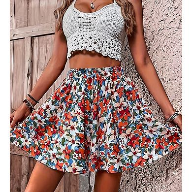Women's Plus Size Floral Flowy Swing Print Boho Shorts Summer Casual Elastic High Waist Soft Pants