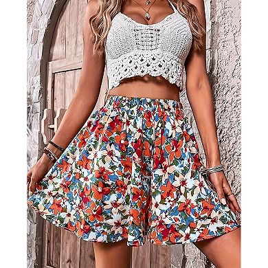 Women's Plus Size Floral Flowy Swing Print Boho Shorts Summer Casual Elastic High Waist Soft Pants