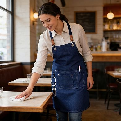 Cotton Kitchen Apron with Cross Back Straps Multi Pocket Utility Apron for Cooking Baking Craft