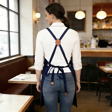 Cotton Kitchen Apron with Cross Back Straps Multi Pocket Utility Apron for Cooking Baking Craft