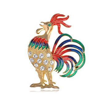 Golden Tone Clear Rhinestones Enamel Rooster Bantam Brooch Funny Animal Lapel Pins