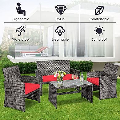 Costway 8PCS Patio Rattan Furniture Set Conversation Glass Table Top Sofa Cushioned