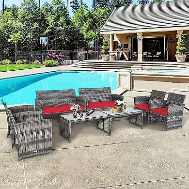 Costway 8PCS Patio Rattan Furniture Set Conversation Glass Table Top Sofa Cushioned