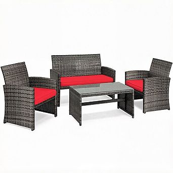 Costway 8 pc Patio Rattan Furniture Set Conversation Glass Table Top Sofa Cushioned