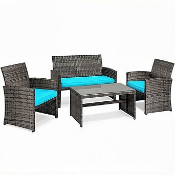 Costway 8 pc Patio Rattan Furniture Set Conversation Glass Table Top Sofa Cushioned
