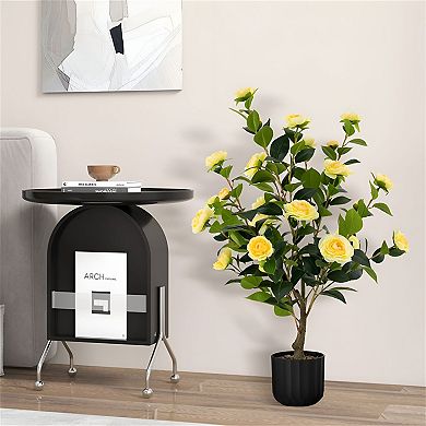 Set of 2 Artificial Camellia Trees with Flowers and Leaves in Cement Pot