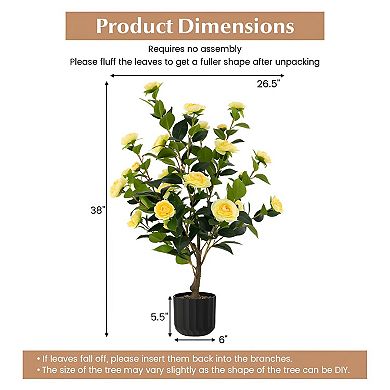 Set of 2 Artificial Camellia Trees with Flowers and Leaves in Cement Pot