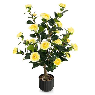 Set of 2 Artificial Camellia Trees with Flowers and Leaves in Cement Pot
