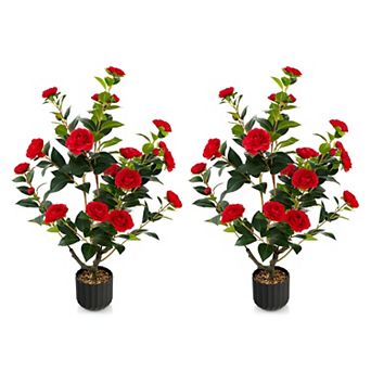 Set of 2 Artificial Camellia Trees with Flowers and Leaves in Cement Pot