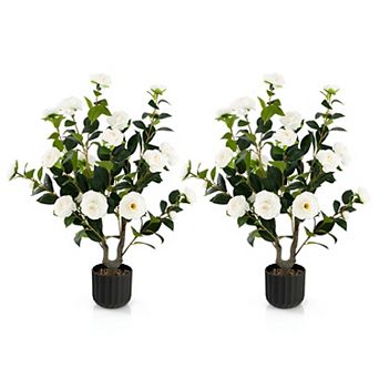 Set of 2 Artificial Camellia Trees with Flowers and Leaves in Cement Pot