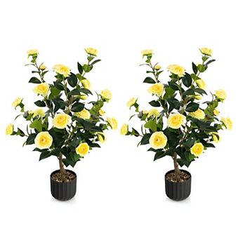 Set of 2 Artificial Camellia Trees with Flowers and Leaves in Cement Pot