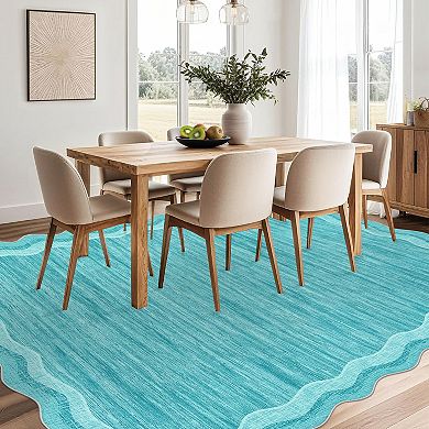Low Pile Washable Area Rug Indoor Non Slip Rug, Beige Scalloped Edge Modern Carpet