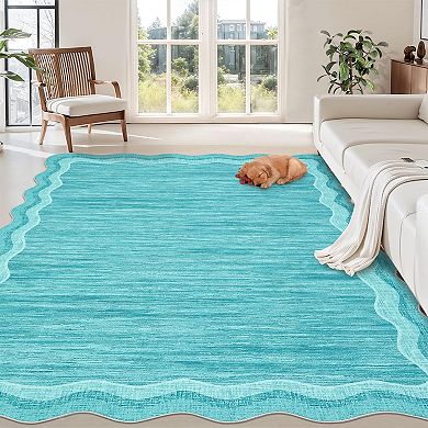 Low Pile Washable Area Rug Indoor Non Slip Rug, Beige Scalloped Edge Modern Carpet
