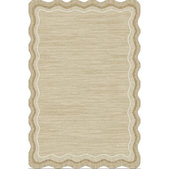 Low Pile Washable Area Rug Indoor Non Slip Rug, Beige Scalloped Edge Modern Carpet