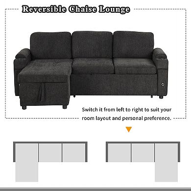Pnronnc L Shaped Sofa Bed, Convertible Sectional Couch with Storage, Cup Holders and USB Ports