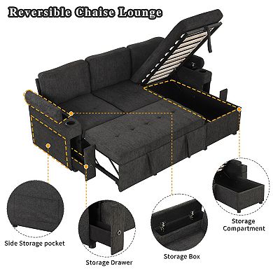 Pnronnc L Shaped Sofa Bed, Convertible Sectional Couch with Storage, Cup Holders and USB Ports