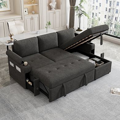 Pnronnc L Shaped Sofa Bed, Convertible Sectional Couch with Storage, Cup Holders and USB Ports